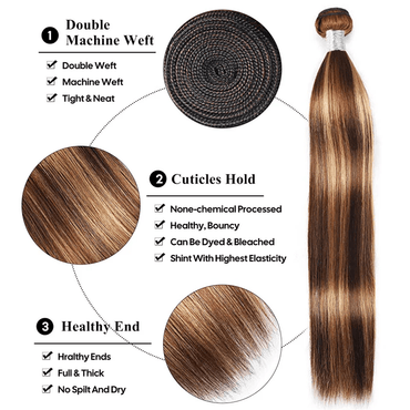 15A P4/27 Highlight Brown Straight Human Hair Unprocessed Virgin Hair Extensions - Perismoda Hair