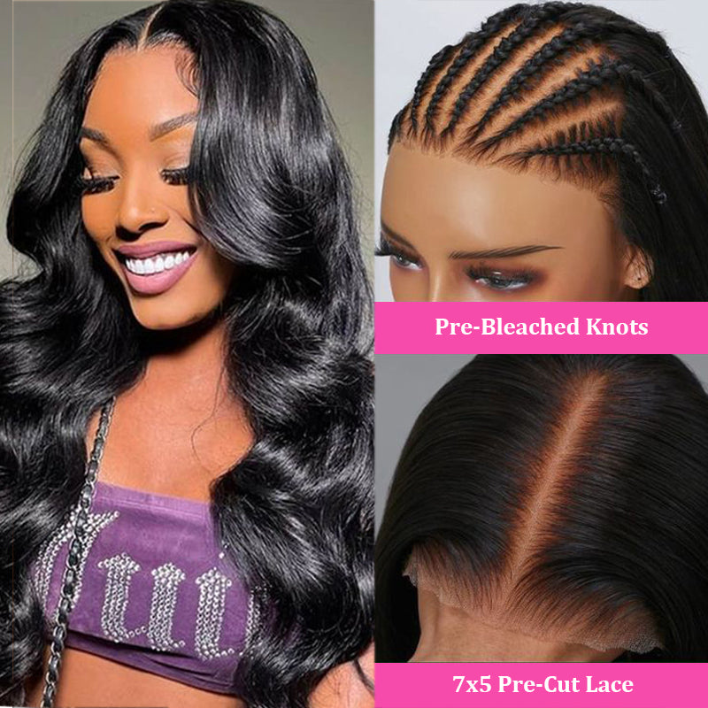 PerisModa 7x5 Glueless Wigs Human Hair 12A Pre Cut Pre Bleached Bye Bye Knots Wear and Go Body Wave Hair