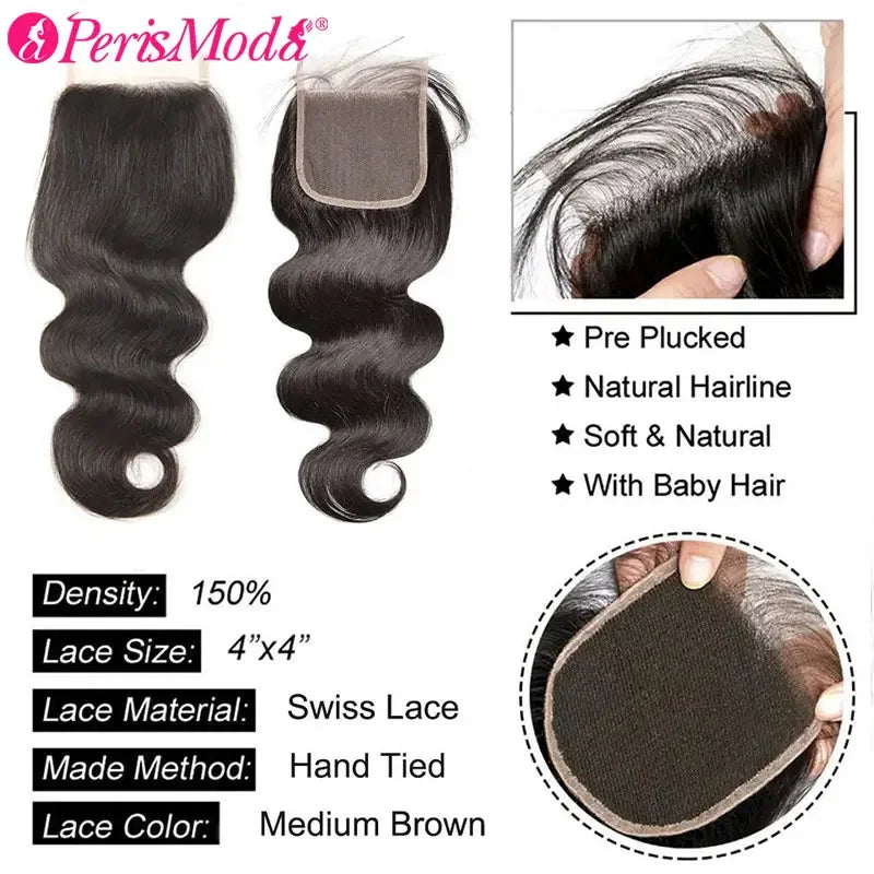 Perismoda Body Wave 3 Bundles With 4x4 Lace Closure Human Hair Extensions