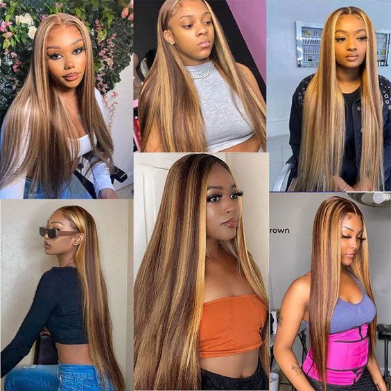 P4-27 Highlight Straight 13x6 Lace Frontal Virgin Hair Wigs 180% Density Pre Plucked Natural Hairline Human Hair
