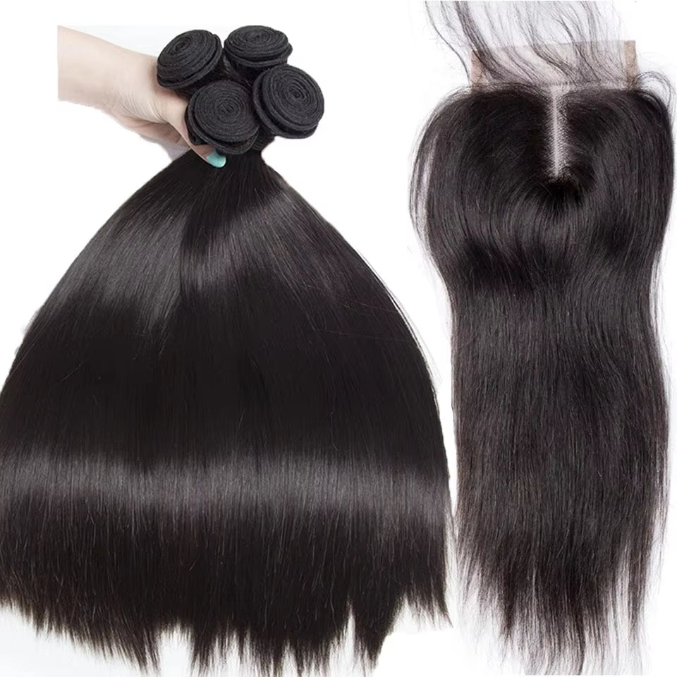 Brazilian Straight Hair 3 Bundles With 4x4 Lace Closure Wig