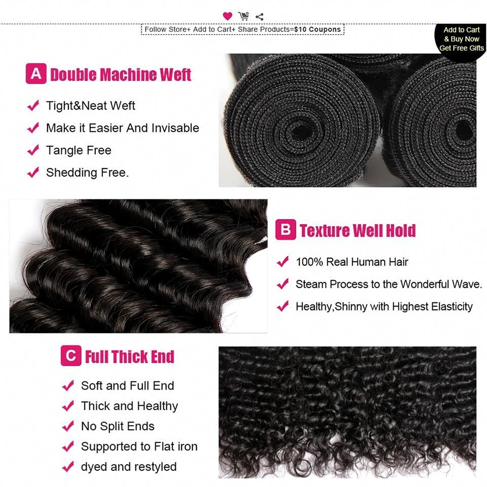 Deep Wave 3 Bundles with 4x4 Lace Closure with Baby Hair Natural Color