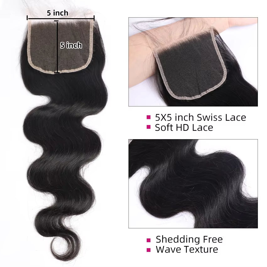 Perismoda Body Wave 3 Bundles With 4x4 Lace Closure Human Hair Extensions