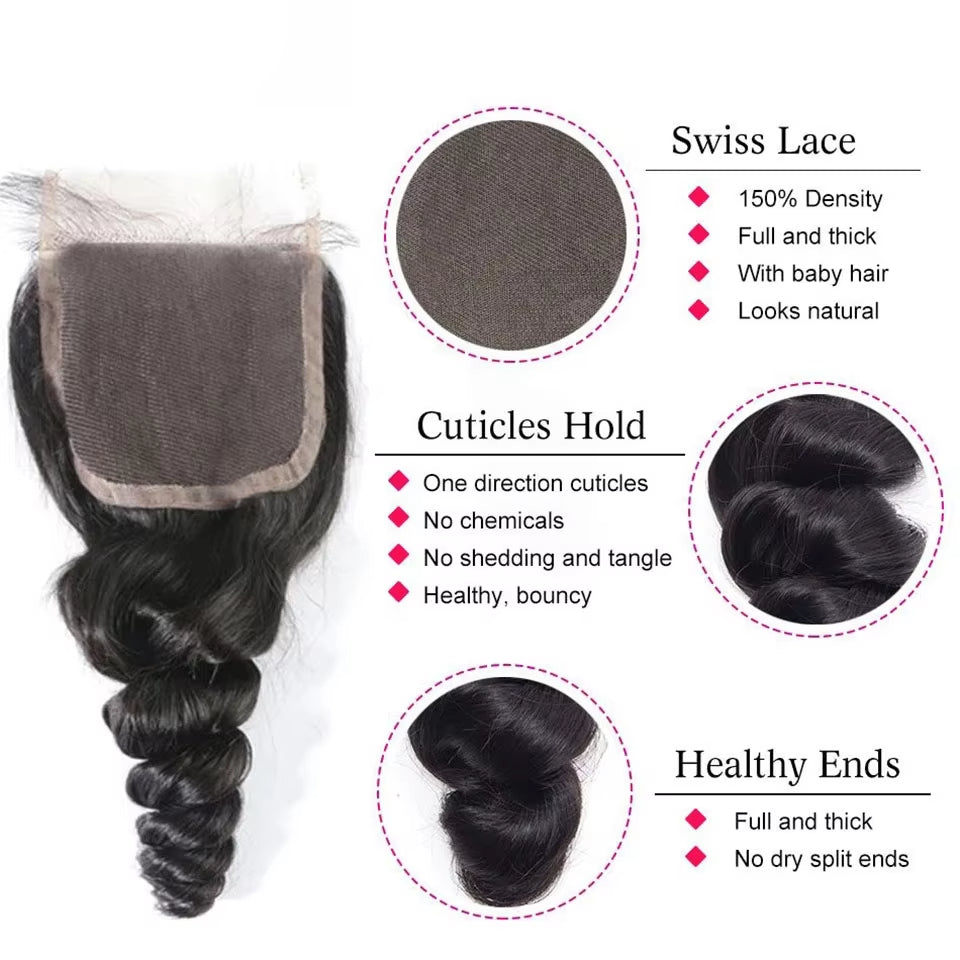 Loose Wave Bundles Brazilian Hair 3 Bundles with 4x4 Lace Closure