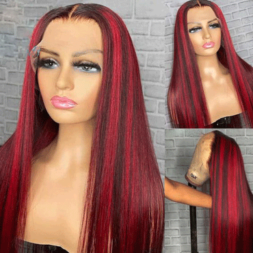 Highlight 1b/red 99j Straight Lace Front Wig Transparent Lace Wig Human Hair