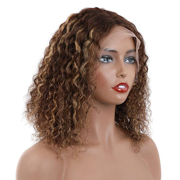 Brazilian Hair Brown With Strawberry Blonde Highlights Curly Bob Lace Front Wigs With Pre Plucked Baby Hair - Perismoda Hair
