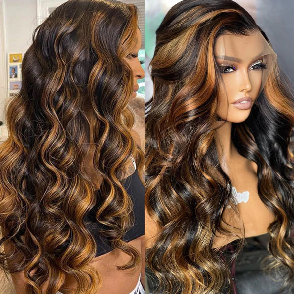 Perismoda Brown Highlight Skin 13x4 Body Wave Lace Front Wig Virgin Hair