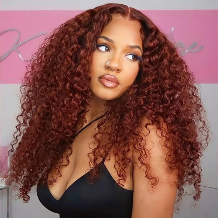 Perismoda #33 Reddish Brown Kinky Curly 7*5 Ready To Go Invisible Knot Human Hair Wigs