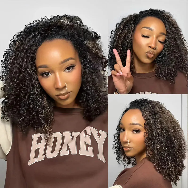 Perismoda Blonde Highlight Kinky Curly Glueless Drawstring Half Wig Human Hair 3 In 1 Half Wig