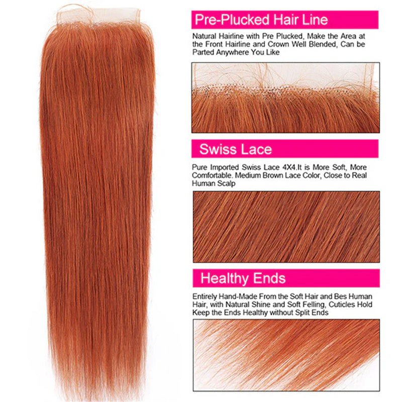 Ginger Orange Hair Bundles with Closure 4x4 Body Wave/Straight Human Hair Bundles with Closure - Perismoda Hair
