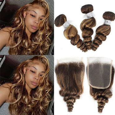 Highlight P4/27 Loose Wave Bundles with 4X4 Closure 100% Real Human Hair - Perismoda Hair