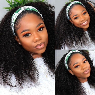 Leomoda Kinky Curly Headband Wig Non Lace Glueless Human Hair Wig Natural Color 150% - Perismoda Hair