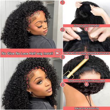 Perismoda 3 In 1 Half Wig Afro Kinky Curl Wear & Go Drawsting Wig No Glue Need Flip Over Half Clip In Wig