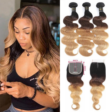 Ombre 1b/4/27 Body Wave 3 Bundles with 4X4 lace Closure 100% Real Human Hair - Perismoda Hair