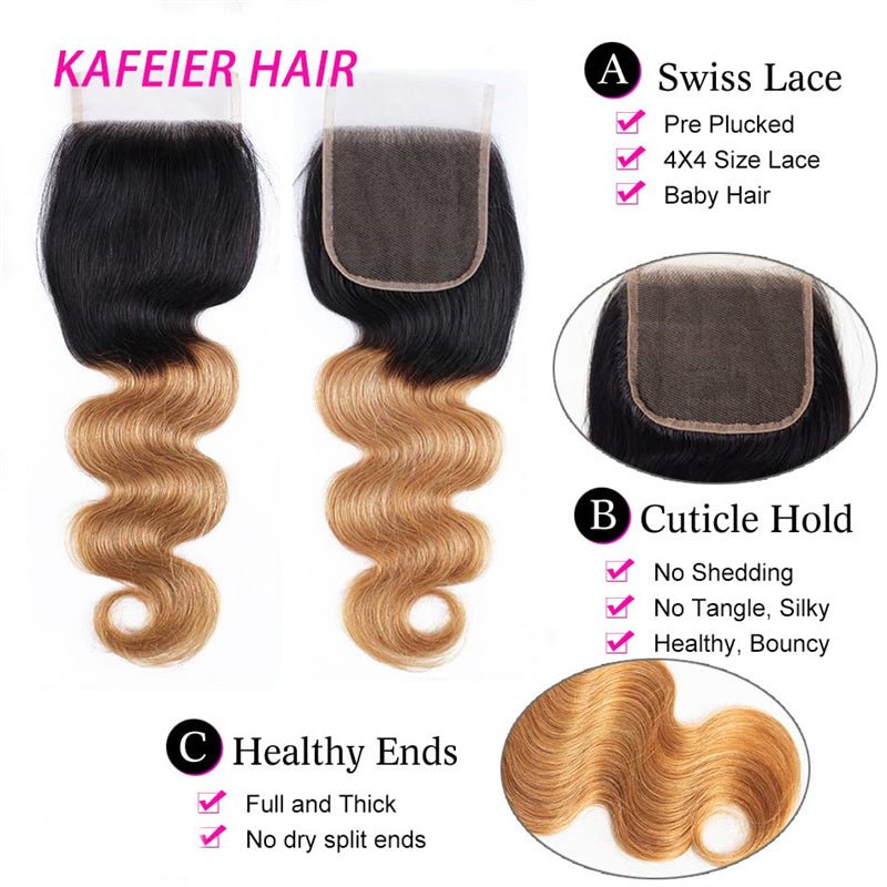 Ombre Closure Pre Plucked 4x4 Closure 1b/27 Body Wave 100% Virgin Human Hair - Perismoda Hair