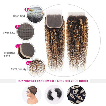 P4/27 Highlight Kinky Curly 3 Bundles With 4X4 Lace Closure 100% Human Hair - Perismoda Hair