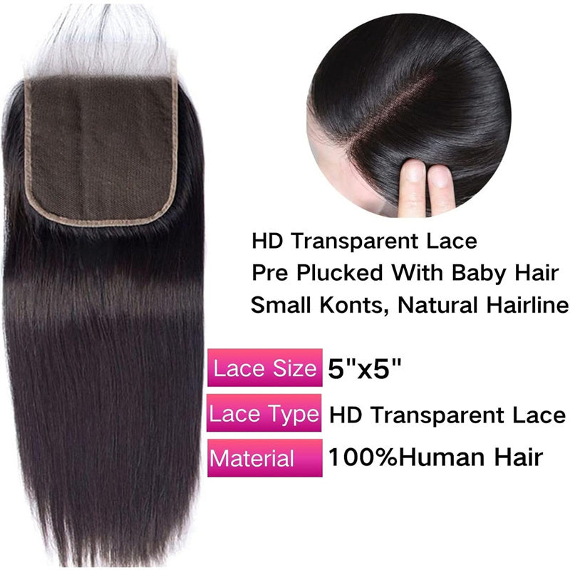 Perismoda Straight Hair 5x5 Transparent HD Lace Closure Virgin Human Hair Frontal Closure