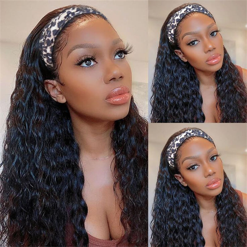 Perismoda Hair Water Wave Glueless Human Hair Wigs Headband Scarf Wig Natural Color