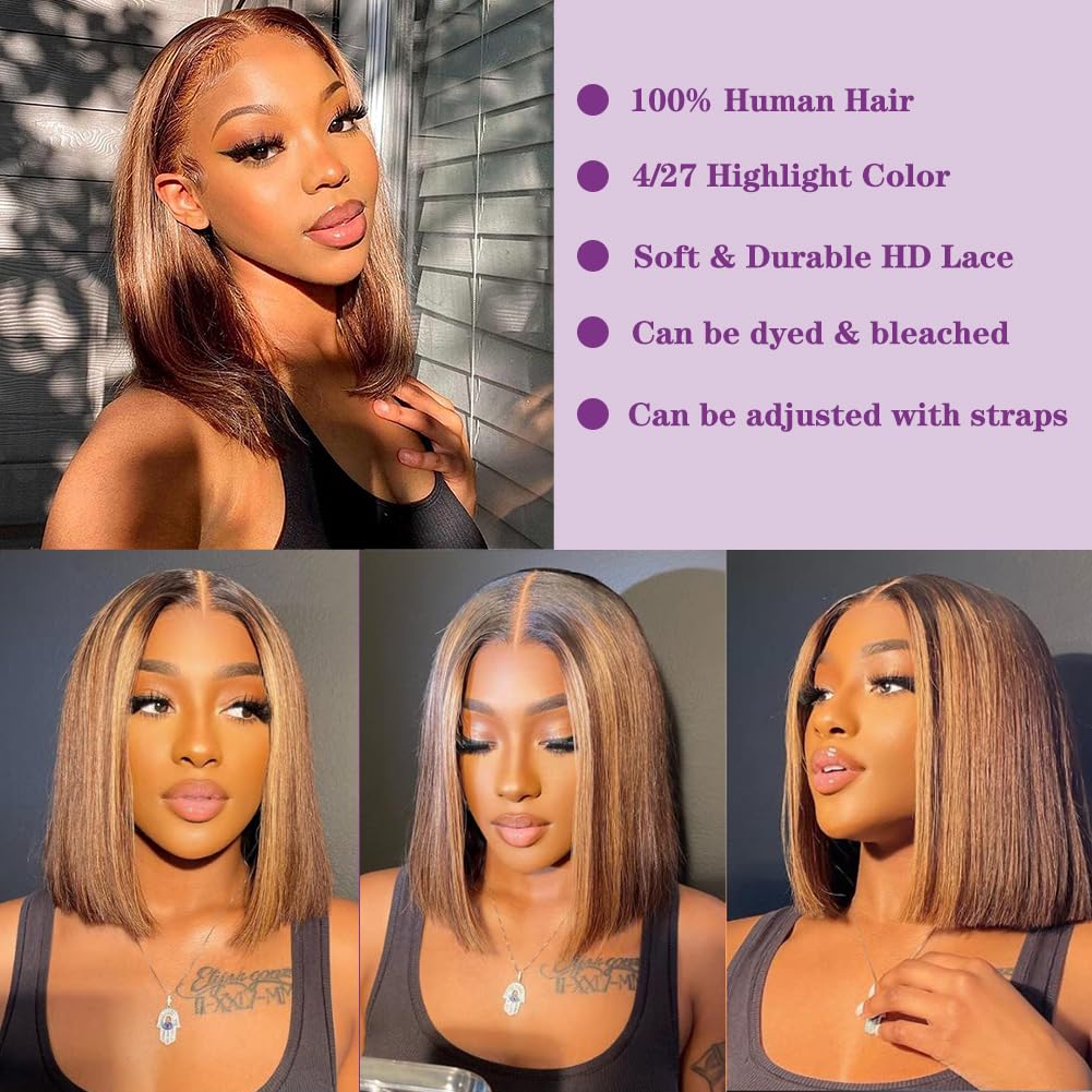 Blonde Highlight 4/27 Bob Wig Human Hair 13x4 Lace Front Wig Straight Hair Pre Plucked Super Sale