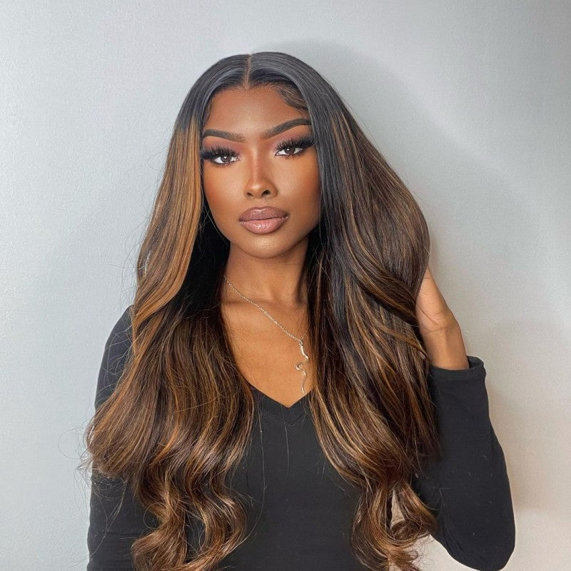 Perismoda Brown Highlight Skin 13x4 Body Wave Lace Front Wig Virgin Hair
