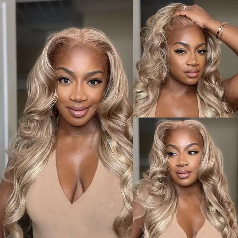 13x4 Ash Blonde Body Wave Lace Front Wig Transparent Lace Blonde Hair 180%/250% Density - Perismoda Hair