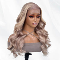 13x4 Ash Blonde Body Wave Lace Front Wig Transparent Lace Blonde Hair 180%/250% Density - Perismoda Hair