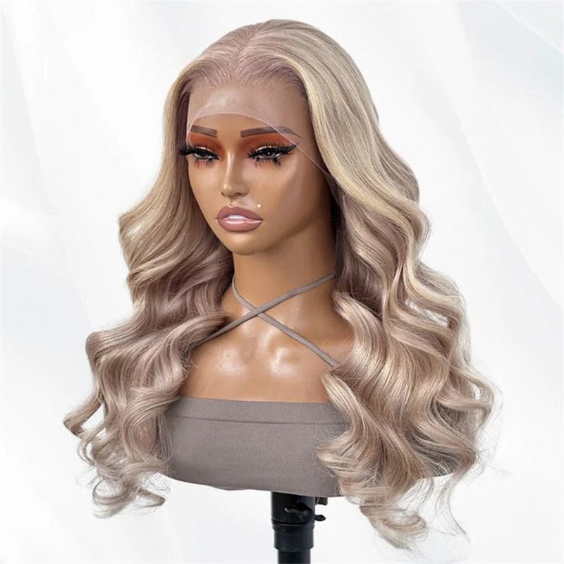 13x4 Ash Blonde Body Wave Lace Front Wig Transparent Lace Blonde Hair 180%/250% Density - Perismoda Hair