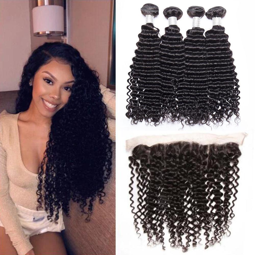 13x4 Lace Frontal with 4 Bundles Deep Wave Peruvian Human Hair - Perismoda Hair