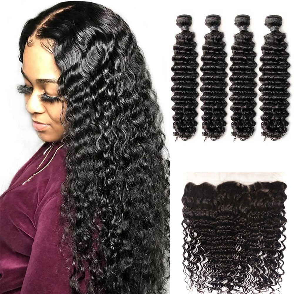13x4 Lace Frontal with 4 Bundles Deep Wave Peruvian Human Hair - Perismoda Hair