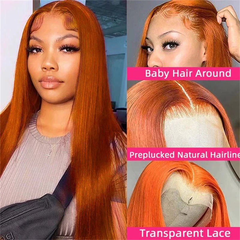 13x6 Orange Ginger Straight Wigs Pre Plucked Transparent Lace Frontal Wig Natural Hairline with Baby Hair - Perismoda Hair
