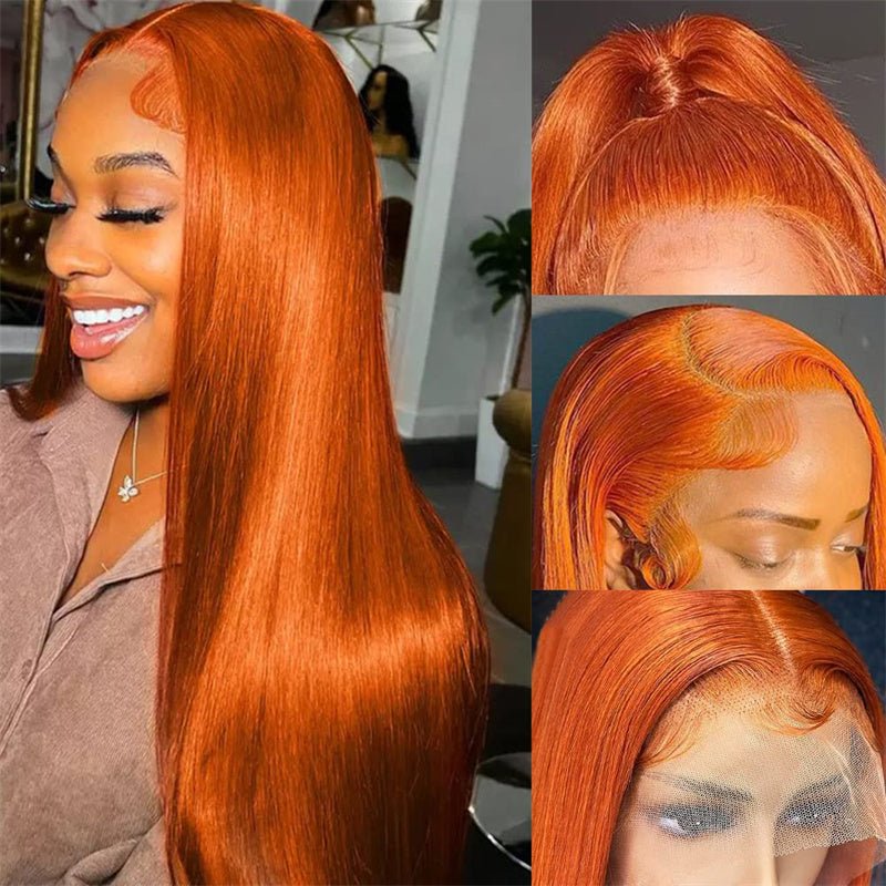 13x6 Orange Ginger Straight Wigs Pre Plucked Transparent Lace Frontal Wig Natural Hairline with Baby Hair - Perismoda Hair