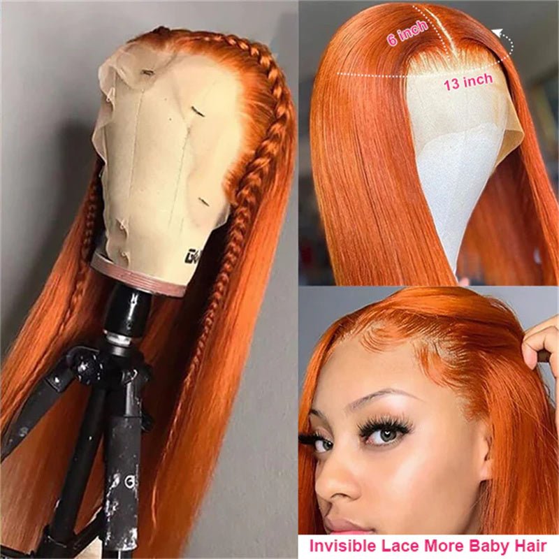 13x6 Orange Ginger Straight Wigs Pre Plucked Transparent Lace Frontal Wig Natural Hairline with Baby Hair - Perismoda Hair