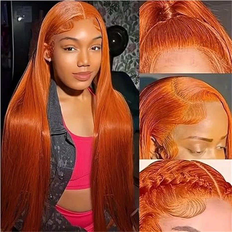 13x6 Orange Ginger Straight Wigs Pre Plucked Transparent Lace Frontal Wig Natural Hairline with Baby Hair - Perismoda Hair