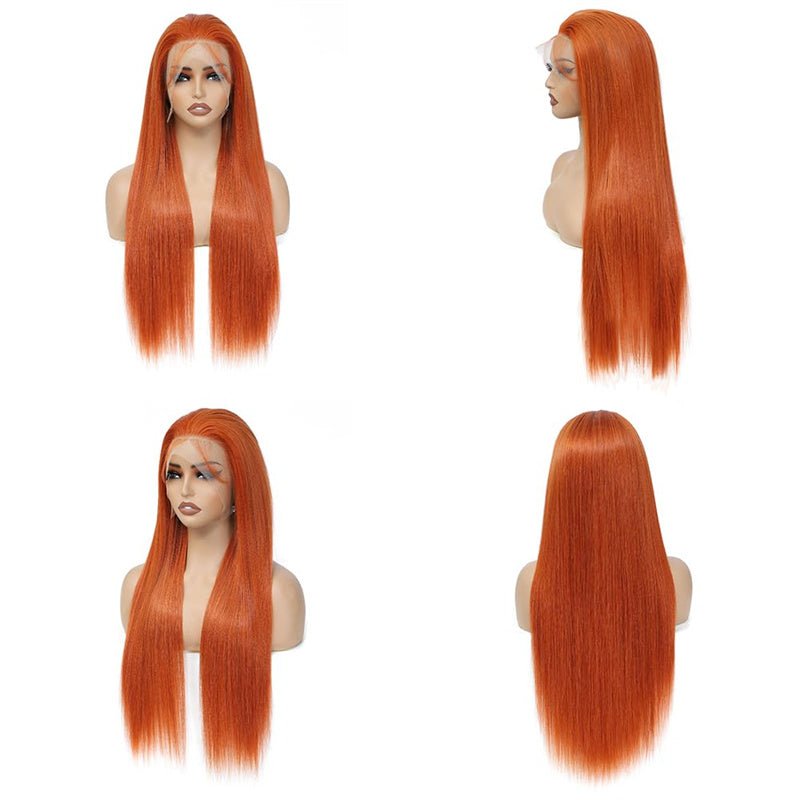 13x6 Orange Ginger Straight Wigs Pre Plucked Transparent Lace Frontal Wig Natural Hairline with Baby Hair - Perismoda Hair