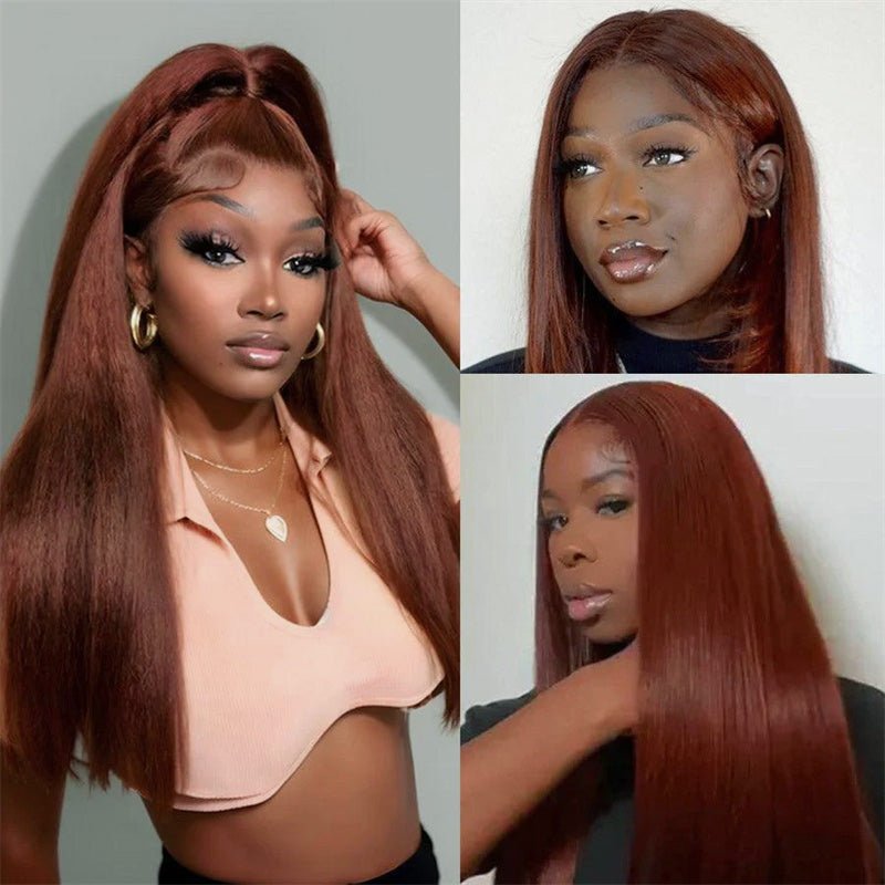 13x6 Reddish Brown Wigs Straight/Body Wave Human Hair Lace Frontal Wigs Light Auburn Transparent Lace Wig - Perismoda Hair
