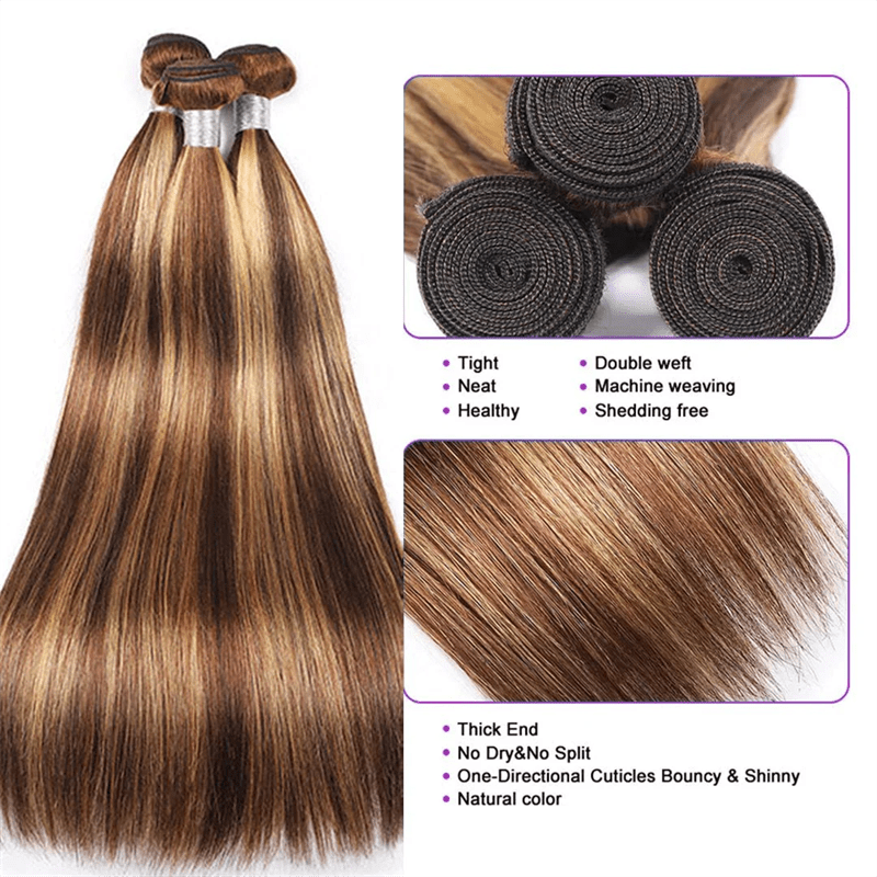 15A P4/27 Highlight Brown Straight Human Hair Unprocessed Virgin Hair Extensions - Perismoda Hair