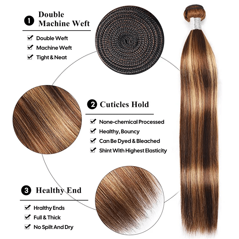 15A P4/27 Highlight Brown Straight Human Hair Unprocessed Virgin Hair Extensions - Perismoda Hair