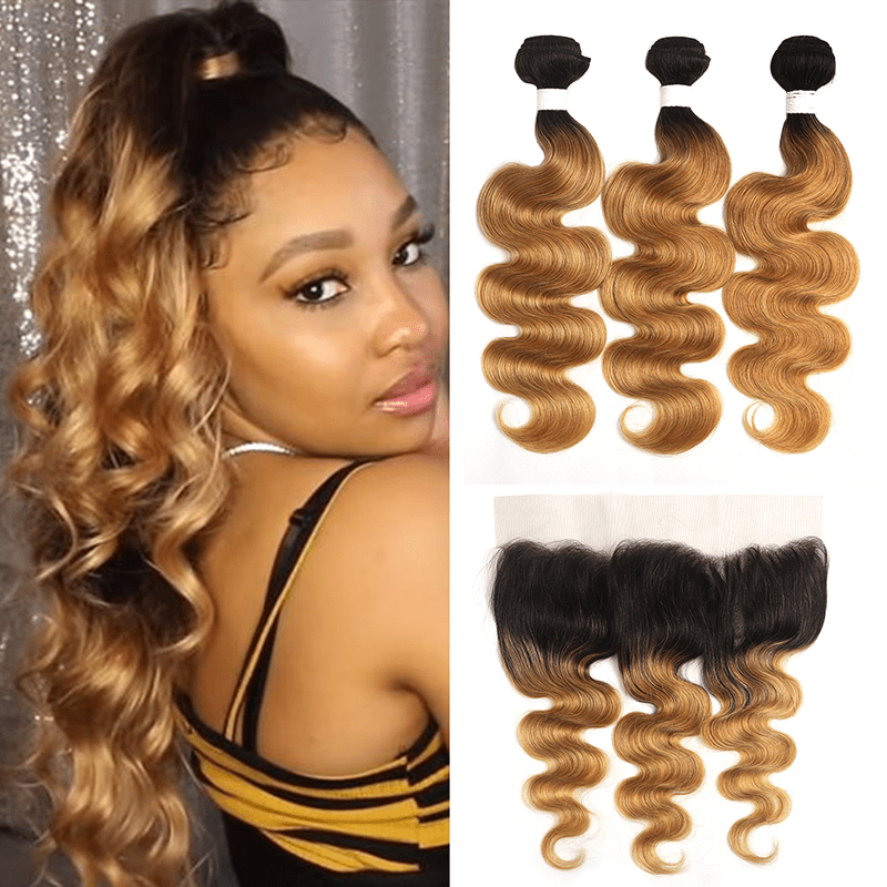 1B/27 Ombre Body Wave 3 Bundles With 13x4 Lace Frontal 100% Virgin Human Hair - Perismoda Hair