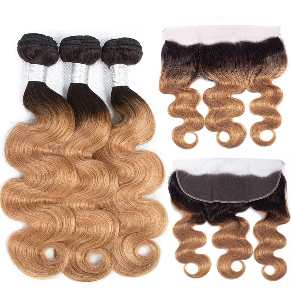 1B/27 Ombre Body Wave 3 Bundles With 13x4 Lace Frontal 100% Virgin Human Hair - Perismoda Hair