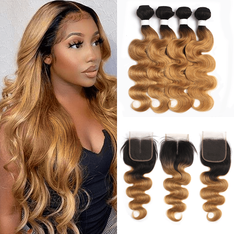 1B/27 Ombre Body Wave 4 Bundles With 4x4 Lace Closure 100% Virgin Human hair - Perismoda Hair