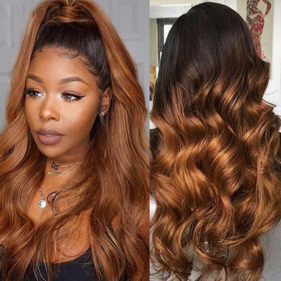 1B/30 Ombre Medium Auburn Black Roots 4 Bundles With 13x4 Lace Frontal 100% Human Hair - Perismoda Hair