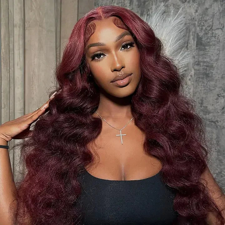 Perismoda Burgundy 99J Loose Wave Wigs 13x4 Lace Front Wig Human Hair Pre Plucked