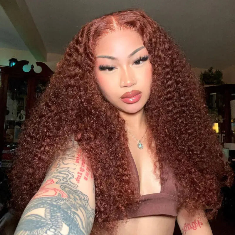 Perismoda #33 Reddish Brown Kinky Curly 7*5 Ready To Go Invisible Knot  Human Hair Wigs