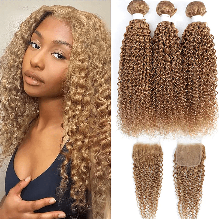 #27 Honey Blonde Kinky Curly 3 Bundles With 4X4 Lace Closure 100% Human Hair - Perismoda Hair