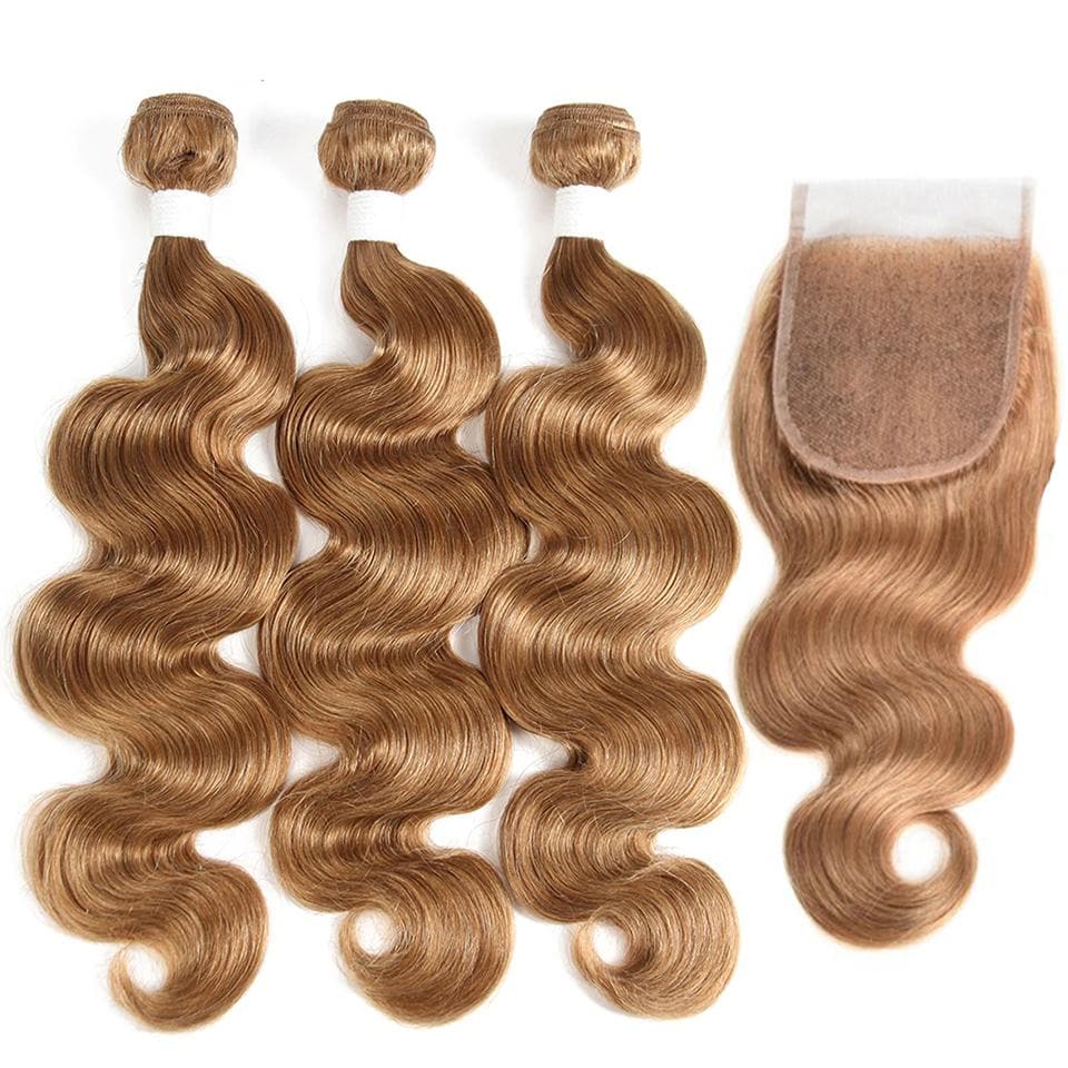 #27 Light Brown Body Wave 3 Bundles With 4x4 Lace Closure 100% Real Human Hair - Perismoda Hair