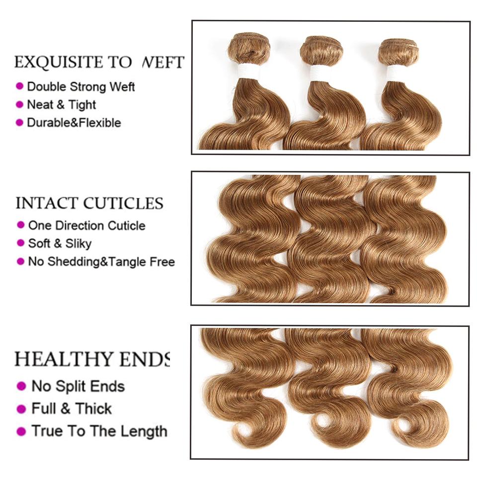 #27 Light Brown Body Wave 3 Bundles With 4x4 Lace Closure 100% Real Human Hair - Perismoda Hair