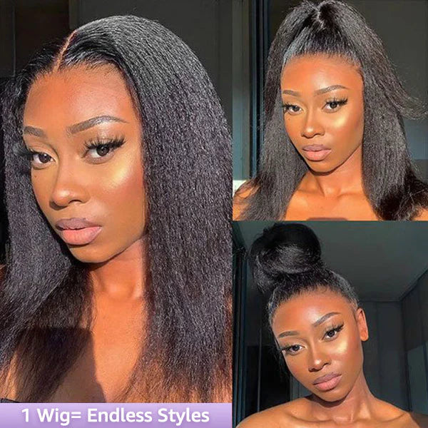 Perismoda Glueless Hairline Kinky Straight Invisi Strap Flexible Fit 360 Lace Front Glueless Wig With Bleached Knots