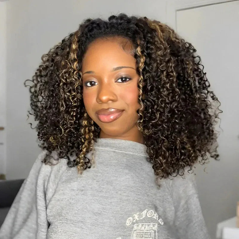 Perismoda Blonde Highlight Kinky Curly Glueless Drawstring Half Wig Human Hair 3 In 1 Half Wig