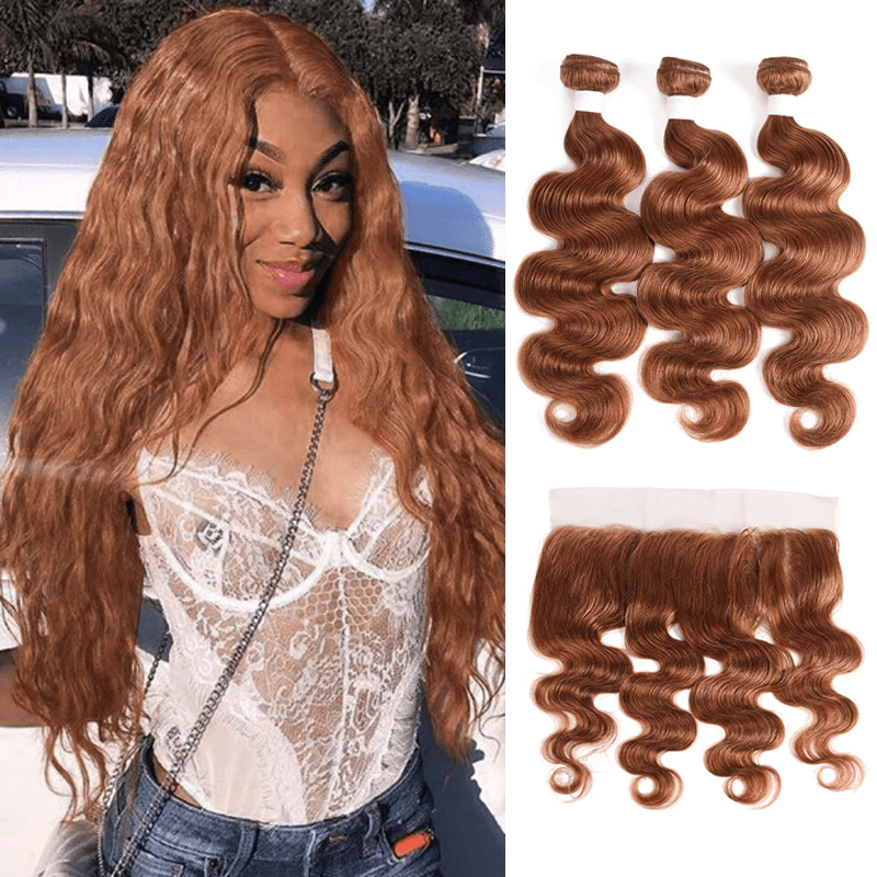 #30 Medium Auburn body wave 3 Bundles With 13x4 Lace Frontal 100% Human Hair - Perismoda Hair
