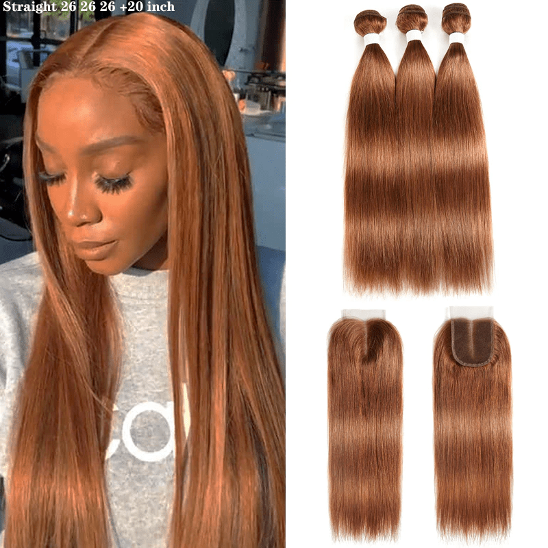 #30 Medium Auburn Straight 3 Bundles With 13x4 Lace Frontal 100% Human Hair - Perismoda Hair
